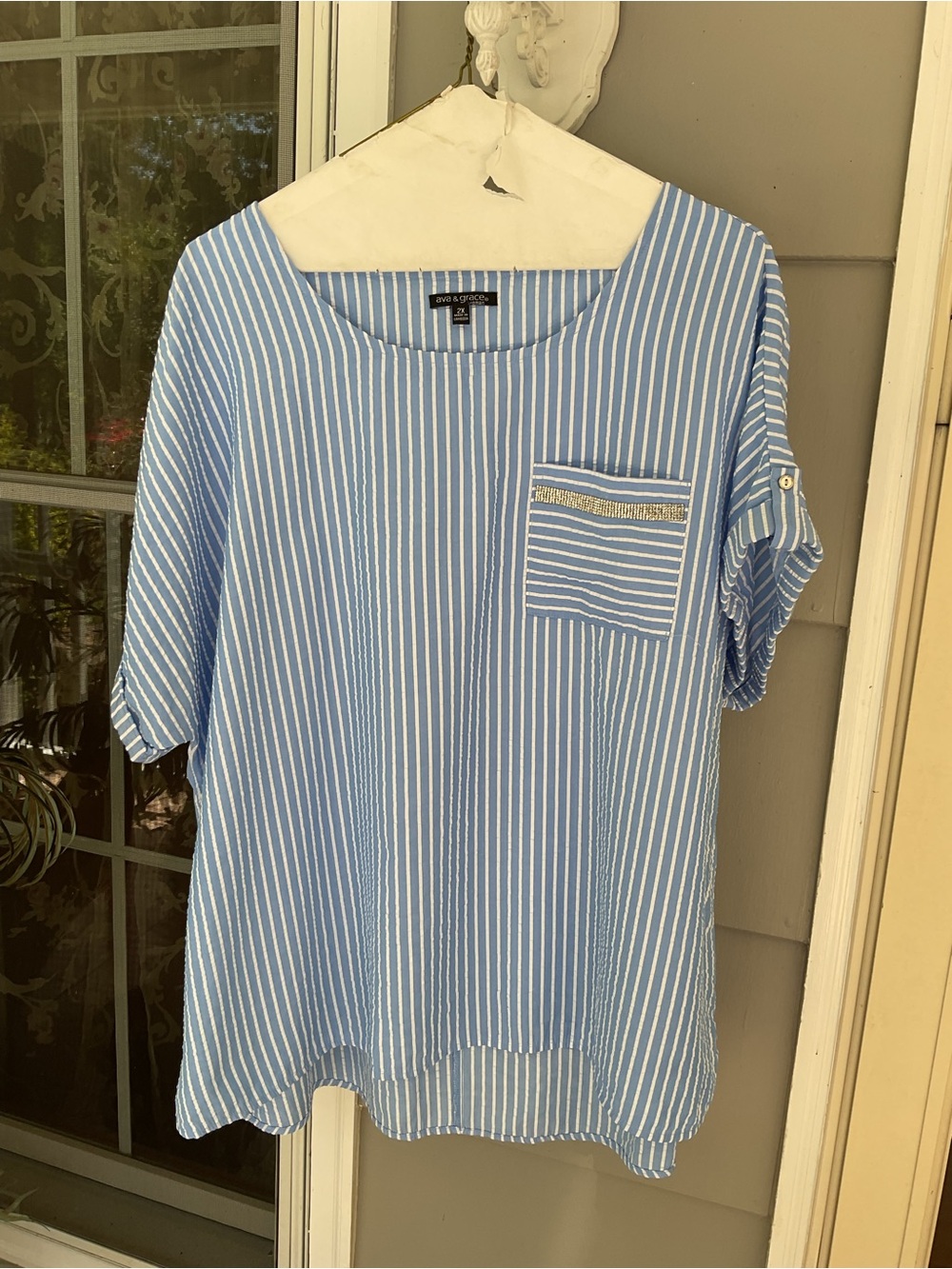 Ava & Grace Women’s Short Sleeve Tunic Blue Striped Sz 2x Top Bling Pocket EUC
